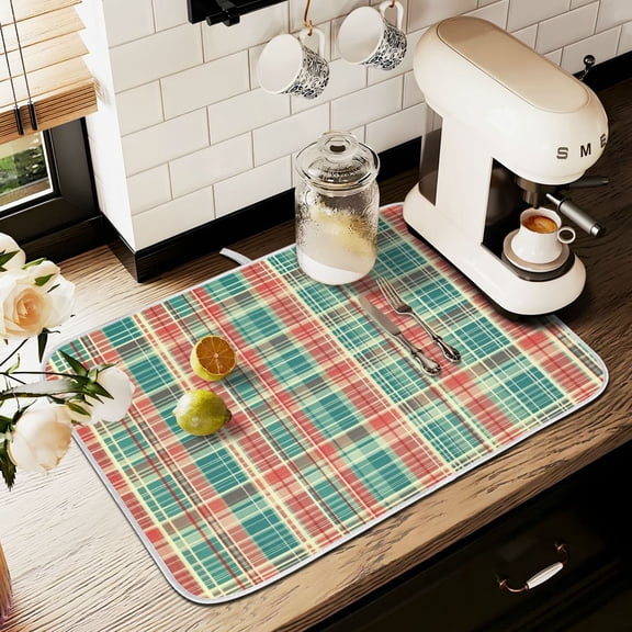 Yayeee Dish Drying Mat for Kitchen Counter 16" x 18" Microfiber Super Absorbent Coffee Decorative Pad, Red Green Tartan Pattern