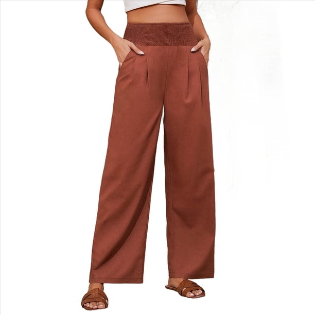 Pantalones Anchos de Cintura Alta para Mujer, Pantalones Casuales de Playa Fluidos de Verano con Bolsillos. Vino Tinto M