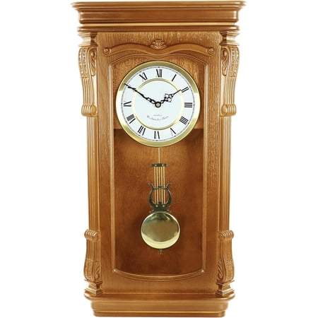 Golden Oak Chiming Wall Clock with Swinging Pendulum, Golden Accents, 4 Chime Options and Sleep Mode