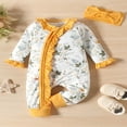 thumbnail image 2 of Newborn Baby Girls Long Sleeve Rompers Floral Print Ruffles Zipper Jumpsuits Bodysuit + Headband, 2 of 7