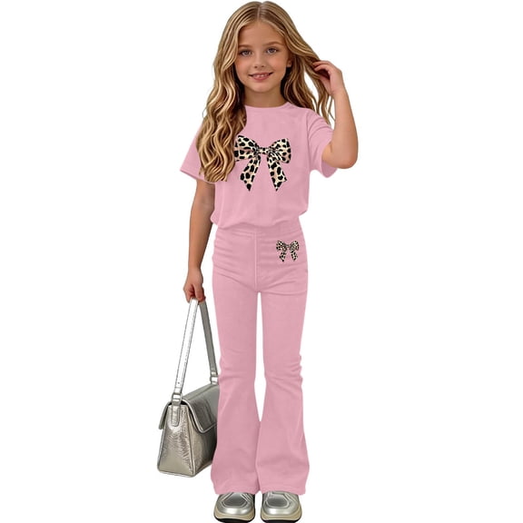 HBYJLZYG Girls 2 Piece Outfit Set with Bow Print Short Sleeve T-Shirt and Flare Pants, Lightweight Summer Casual Outfit for Kids Daily Wear and Vacation