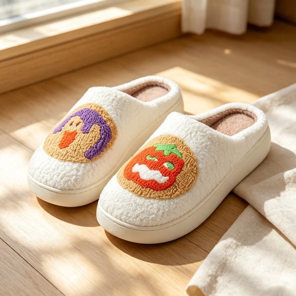 Halloween Pumpkin Witch Embroidery Slide Slippers, Cute Open Back House Shoes, Soft Teddy Fleece Fabric for Indoor Autumn Daily Wear White 36
