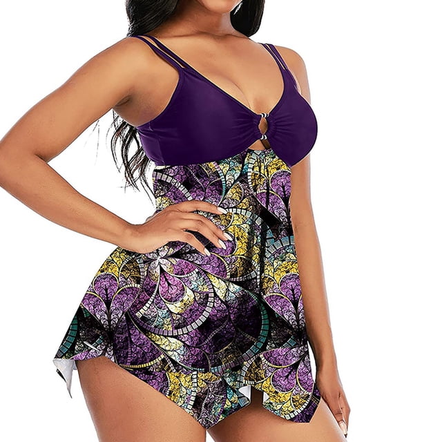 RKSTN Women's Two Piece Tankini Bathing Suit Ruffle Flowy Tummy Control High Waisted Swimwear Floral Print Swimsuits Tankini Bathing Suits With Shorts