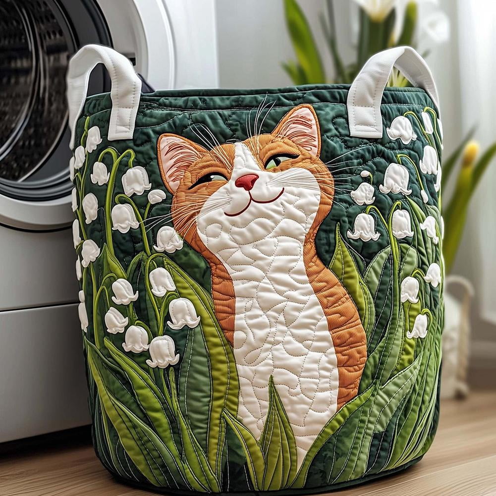 Large Quilted Laundry Basket with Handles, Foldable Boho Cat Floral Hamper for Nursery, Bedroom, Laundry Room - 16" x 22"