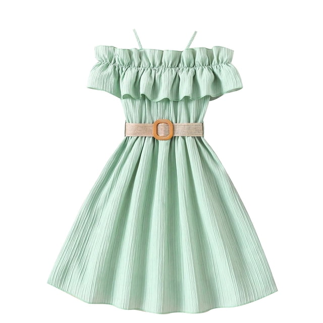 Odeerbi Vestidos de Gasa de Verano de Las Niñas Ruffle Fuera Del Hombro Vestido Sin Mangas de Color Sólido