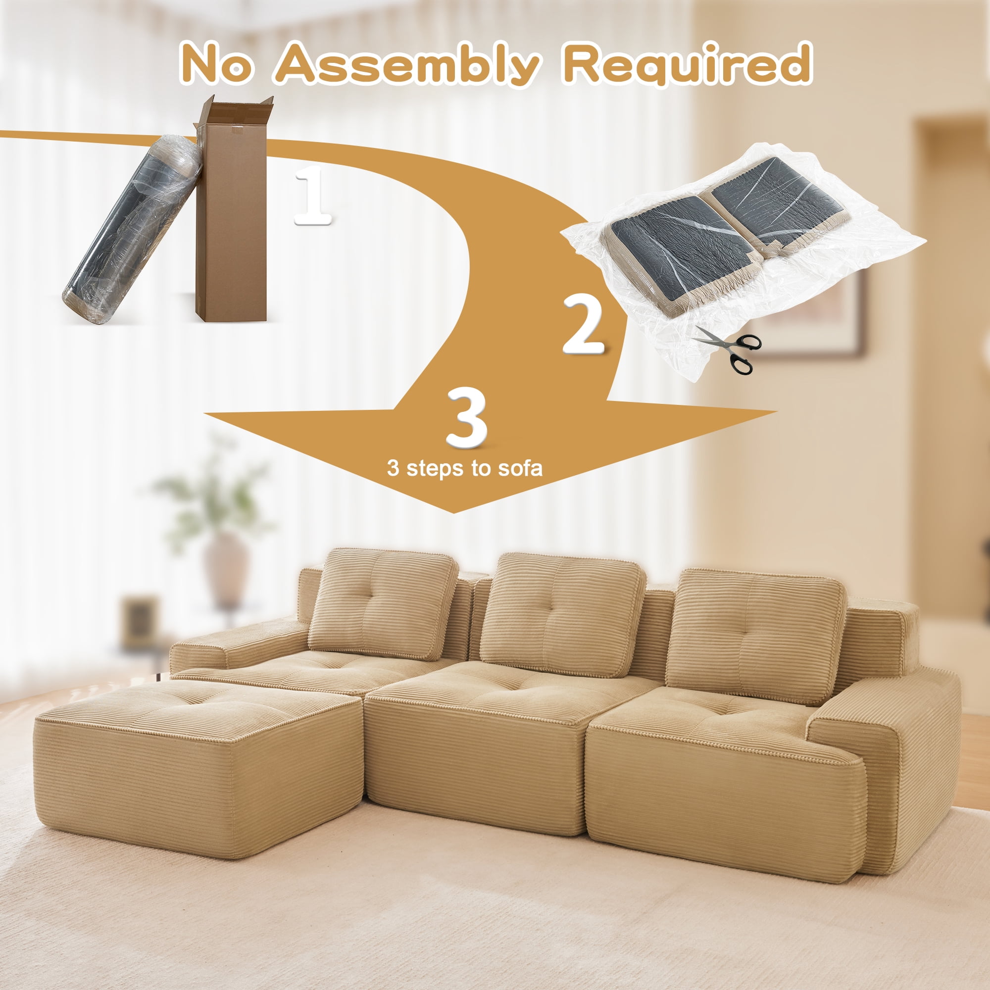 Yoneston 117" L-Shaped Modular Sectional Sofa 3 Seater Couch with Cushions and Ottoman, No Assembly Corduroy Sofa with Deep Seating for Living Room Bedroom Apartment, Camel