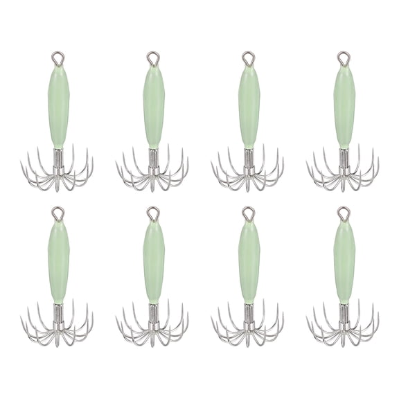 Uxcell Luminous Squid Jig Hooks, 12g Squid Jigs Saltwater Glow in Dark with 12 Stainless Steel Needles Fishing Lures Bait 2'' & 8Pcs & Green - Fit for Cuttlefish Sleeve Night Fishing