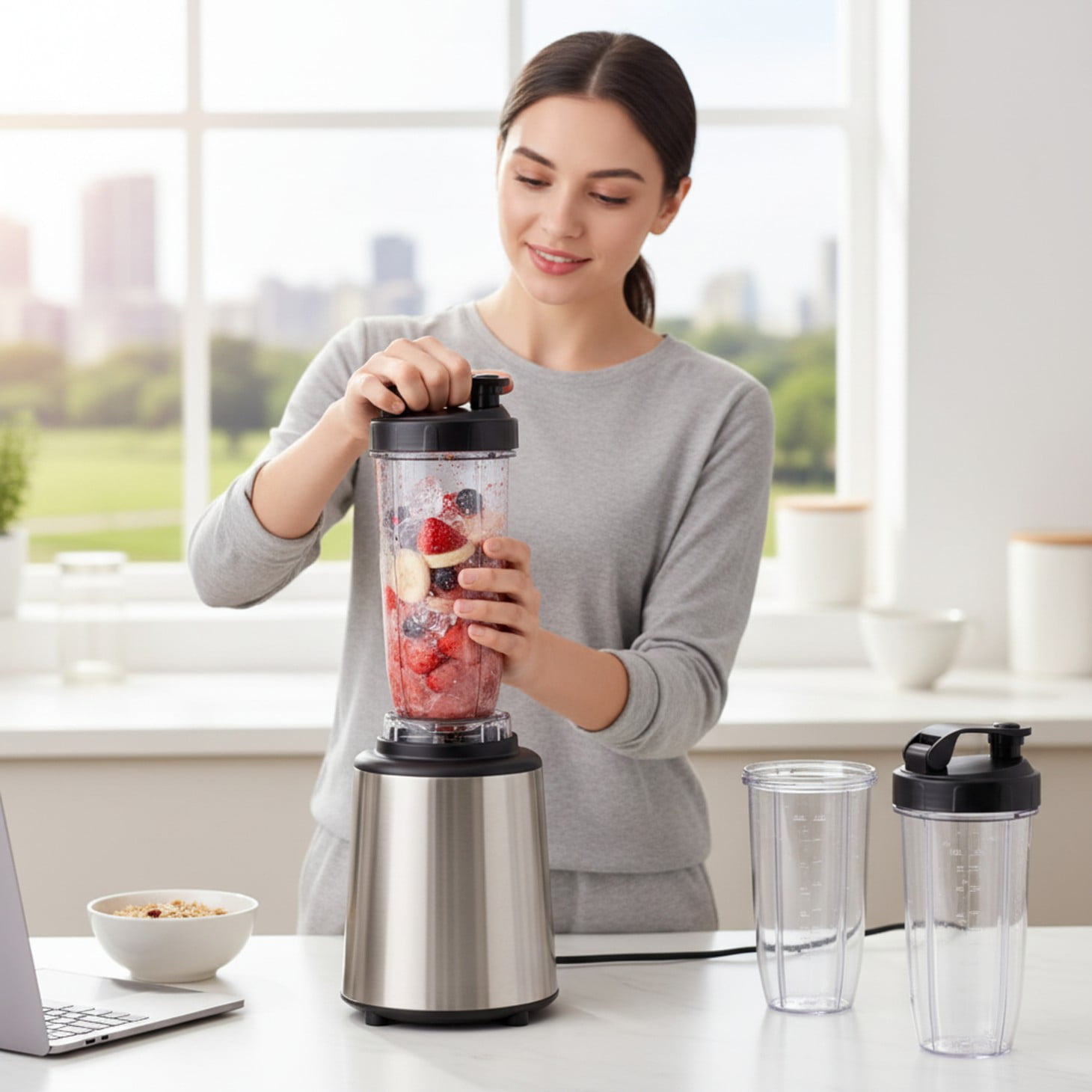 EDX 1L Stainless Steel Blender 800W 120V 60Hz Silver with 3 PCTG Cups(1L/0.7L/0.5L), 1 Travel Lid, 2 Storage Lids & 1 Blending Blade