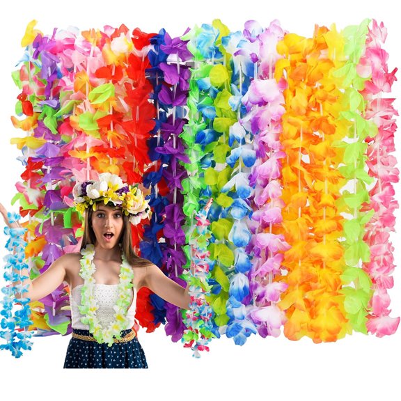 Leis for Luau Party,Tutuviw 24Pcs Hawaiian Leis Bulk Decorations,Silk Flower Necklace,Colorful Tropical Hawaiian Hula Dance Party Decor, Flower Leis Summer Beach Party Favors Supplies Decorations