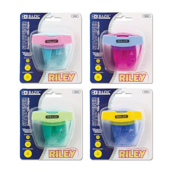 BAZIC 3-Hole Pencil Sharpener, Standard Jumbo & Super Jumbo Triple Hole Handheld Manual Sharpeners, Assorted 4-Pack