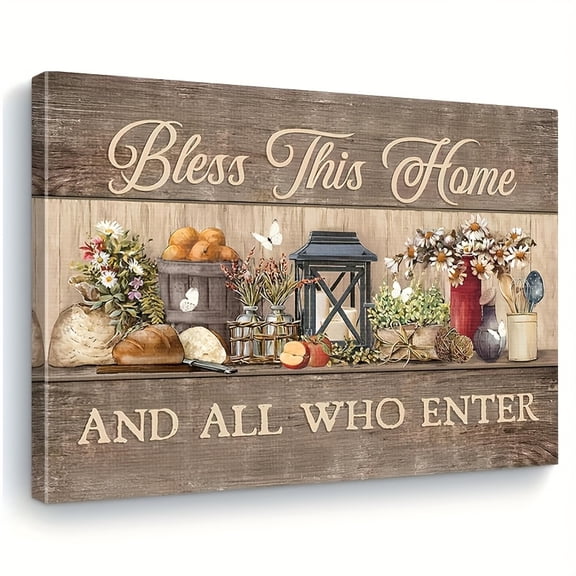 [Brown Home Decor] Farmhouse Rustic Framed Kitchen Wall Art | Bless This Home Picture with Food and Daisies, Canvas Print Poster for Dining Room Christian Inspirational Decor