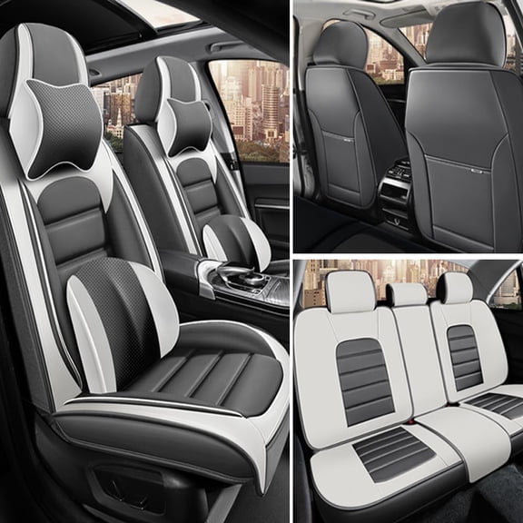 AFUNTIO Leather 5 Seat Covers for Volkswagen 99% Models,Luxury Car Seat Cushions Full Set,Waterproof Car Sit Protectors,Nonslip Interior Accessories(White and Gray)