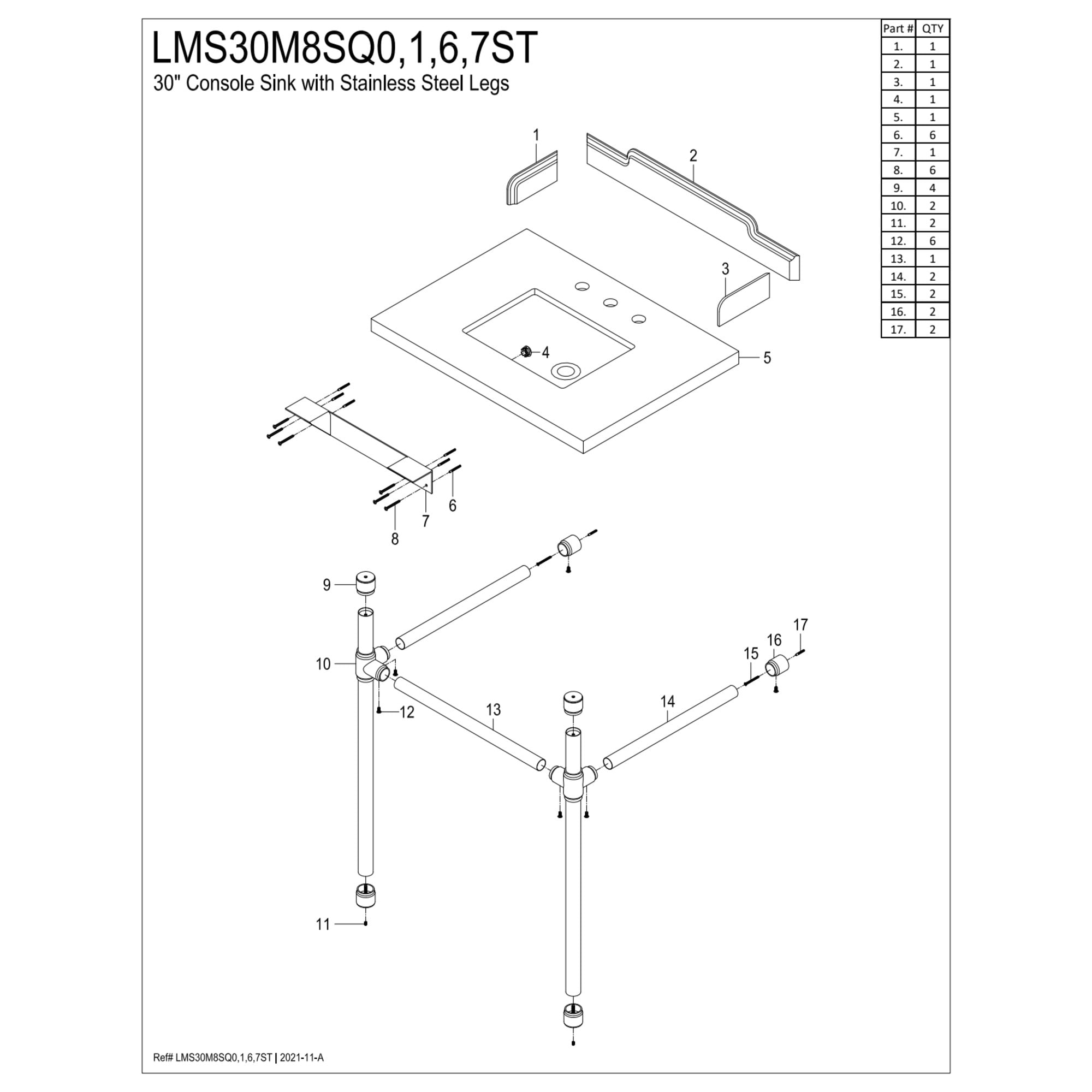 Kingston Brass LMS30M8SQ6ST Wesselman 30" Carrara Marble Console Sink with Stainless Steel Legs (8-Inch, 3-Hole), Carrara Marble White/Polished Nickel