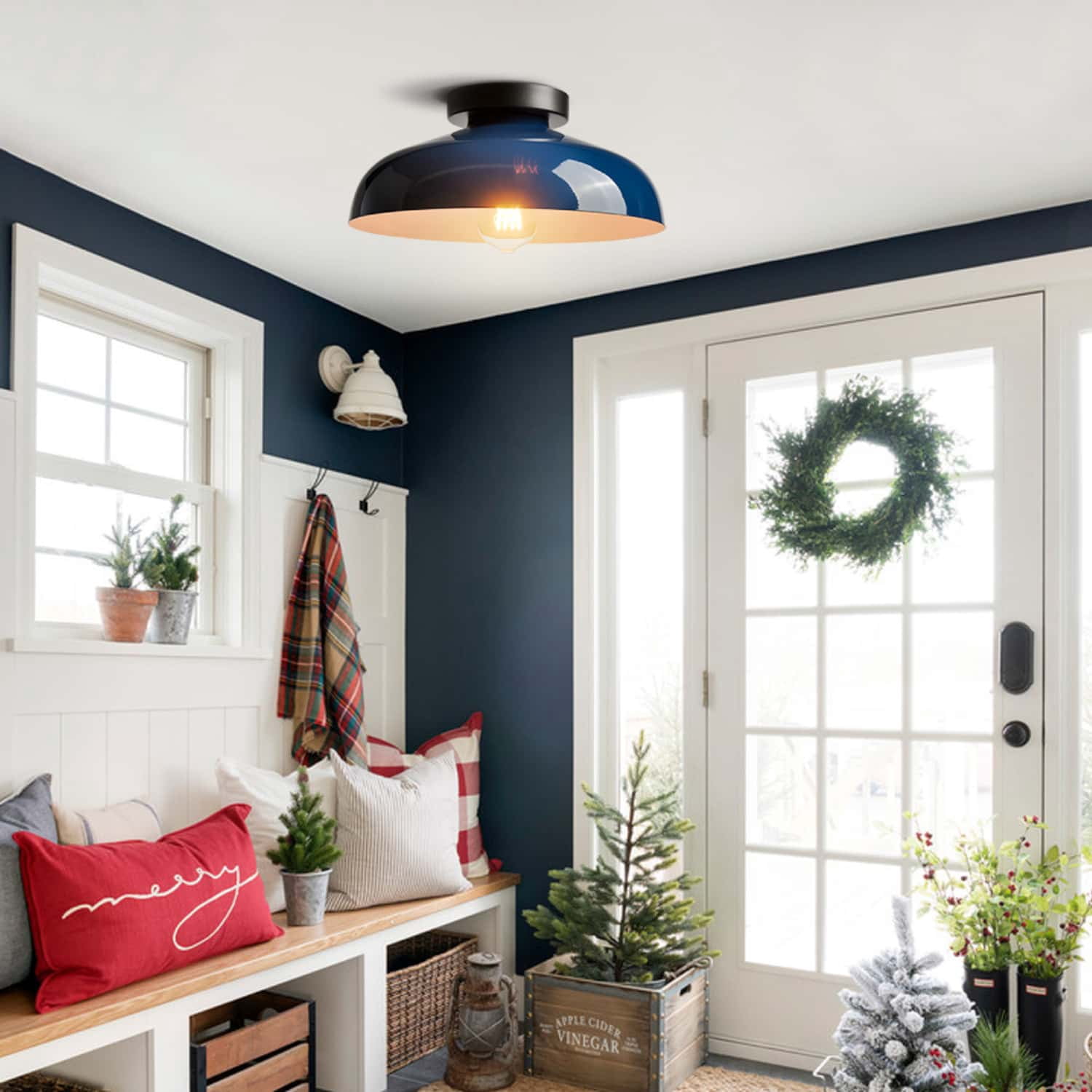 Claxy 12" Dark Blue Flush Mount Ceiling Light with Dome Metal Shade