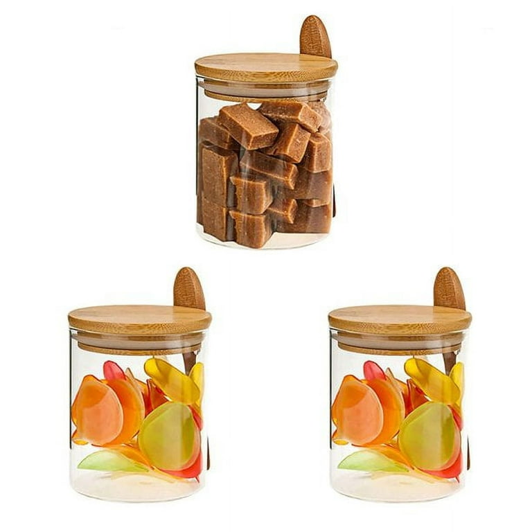 Set Of 3 Glass Tea Coffee Sugar Jars Canisters with Bamboo Stand Kitchen  Storage 