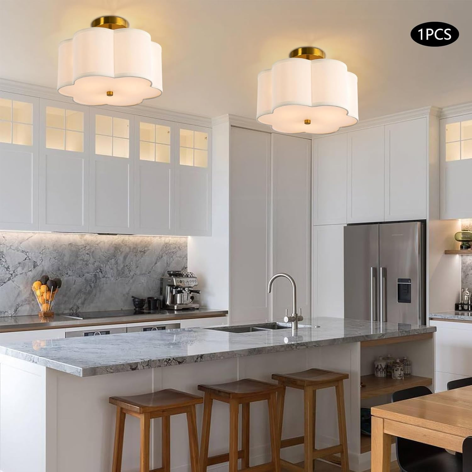 3-Light Semi Flush Mount Ceiling Light Fixture Modern Close to Ceiling Lamp with Fabric Shade Antique Brass Ceiling Light for Bedroom, Dining Room, Corridor, Living Room