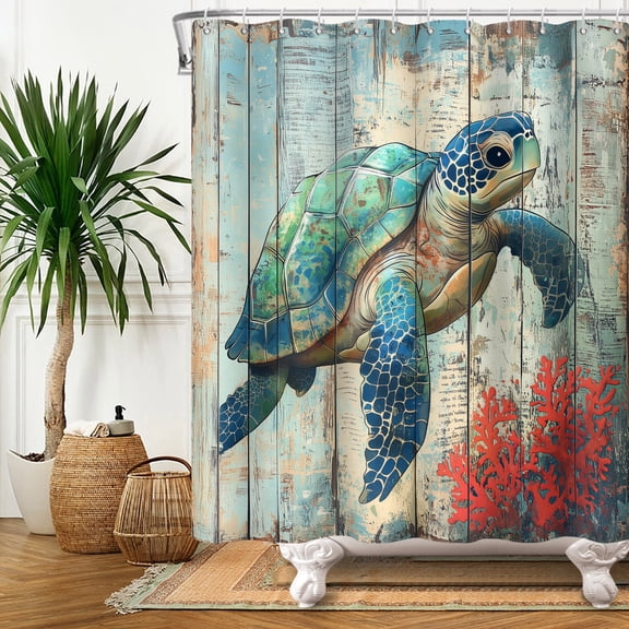 Sea Turtle Shower Curtain Ocean Coastal Coral Bathroom Curtain Decor 72x72 in