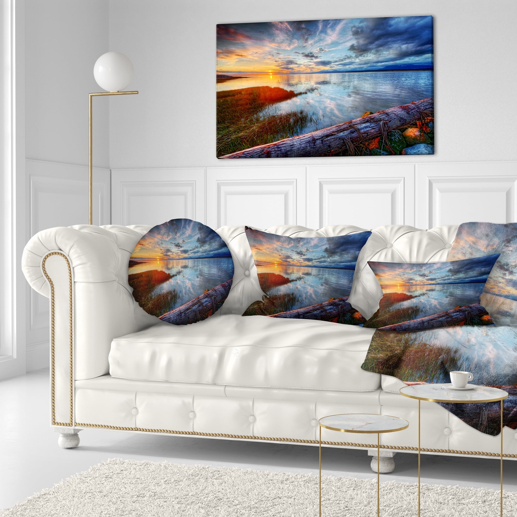 Designart Colorful River Sunset With Log - Seashore Throw Pillow - 12x20