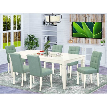 HomeStock 7 Piece Dining Room Set Contains A Rectangle Dining Table With Gothic Glamour Leaf And 6 Chairs Linen White