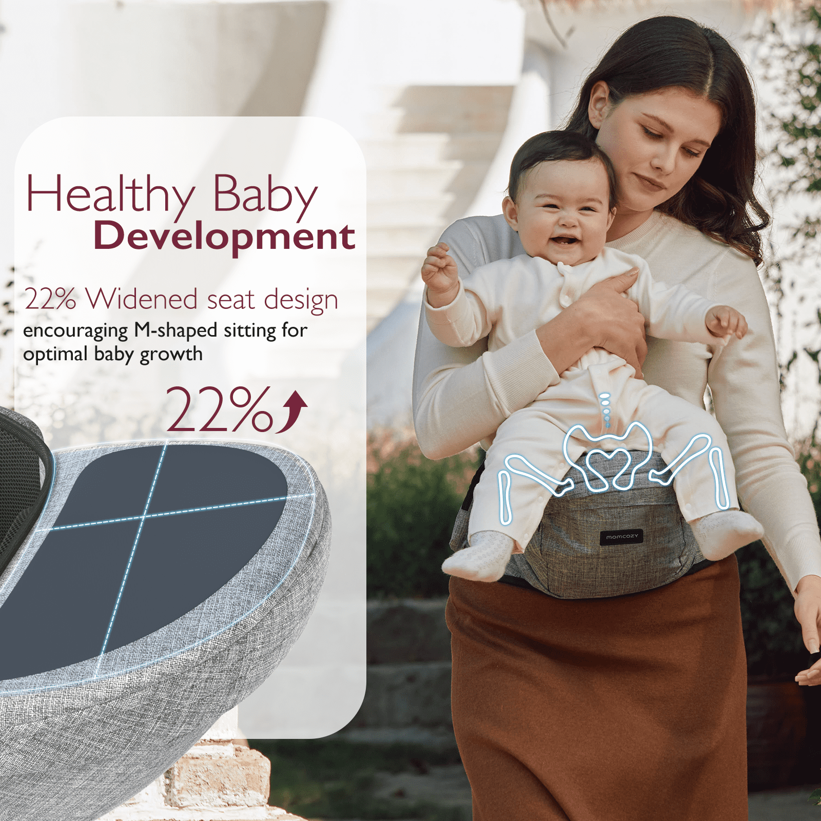Momcozy Baby Hip Seat Carrier with Adjustable Waistband 3D Belly Protector EVA Massage Board M Size