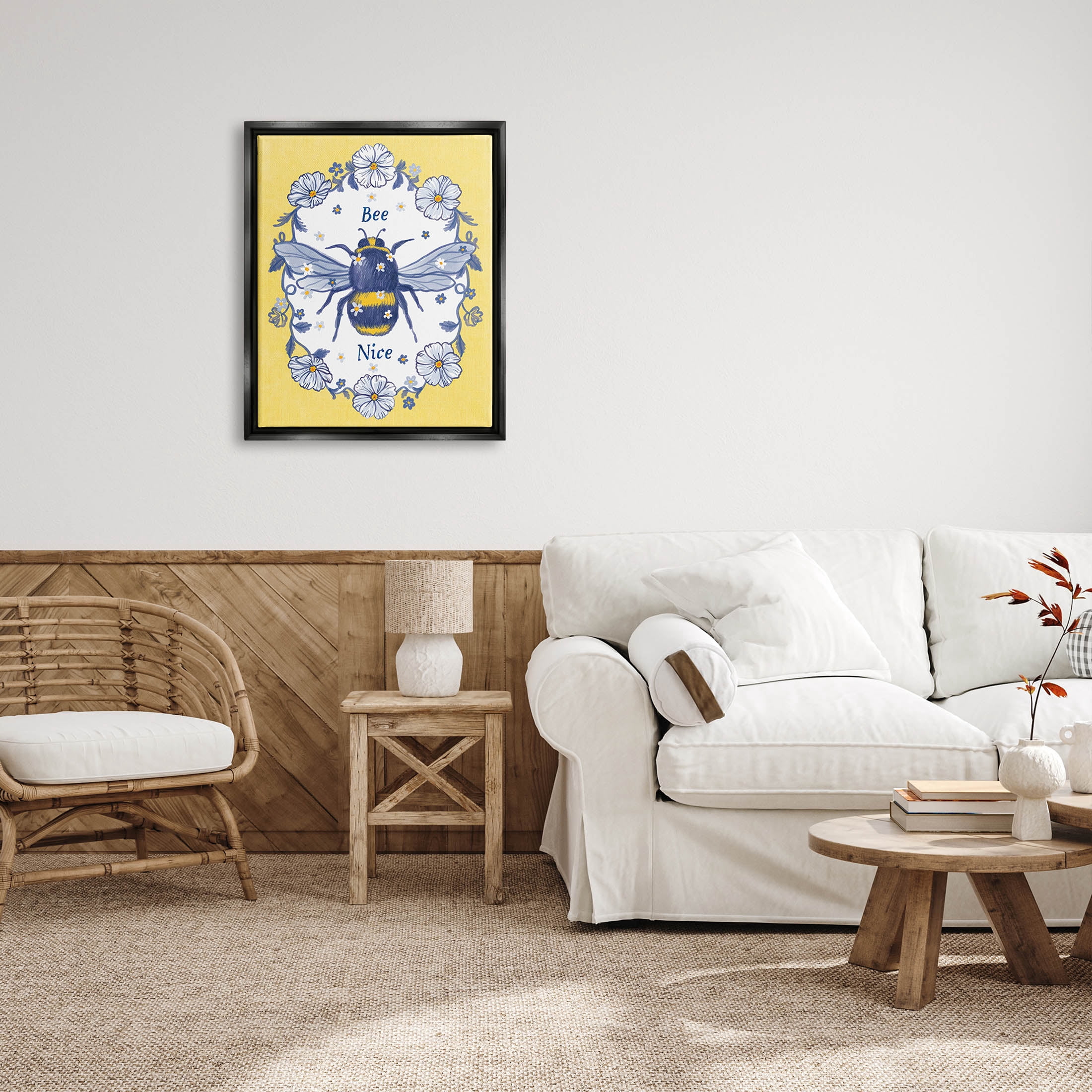 Bee Nice Floral Insect Wreath Animals & Insects Graphic Art Jet Black Framed Art Print Wall Art