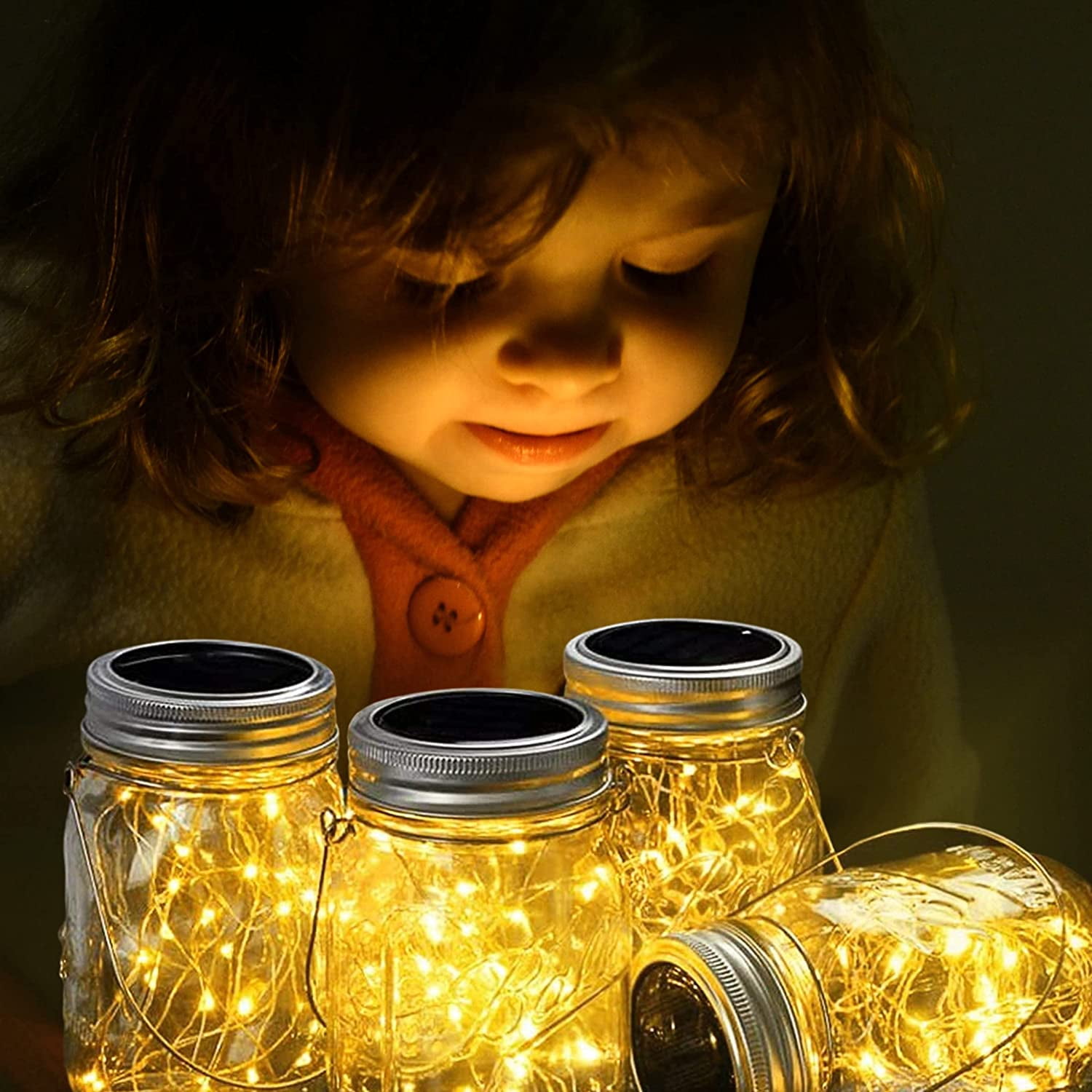 Soapow 6 Pack Mason Jar Solar Lights, 3m 30 LED Hanging Solar Mason Jar Lantern Outdoor, Waterproof Fairy Lights Solar Lamp with 6 Handles for Patio Garden Wedding Yard, Warm White (No Jars)