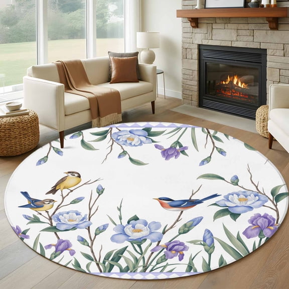 Spring Flowers Round Area Rug 5Ft Washable Circle Rugs for Living Room Bedroom, Vintage Blue Floral Leaves Birds Rustic Plants Non-Slip Carpet Floor Mats Indoor Outdoor Carpet Runner Home Decor