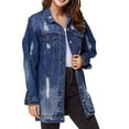 thumbnail image 5 of Mrat Distressed Jean Jacket Women Ripped Lapel Long Sleeve Button-Down Long Denim Jacket for Women Casual Jean Jackets Coat Outerwear C-13 Blue M, 5 of 5