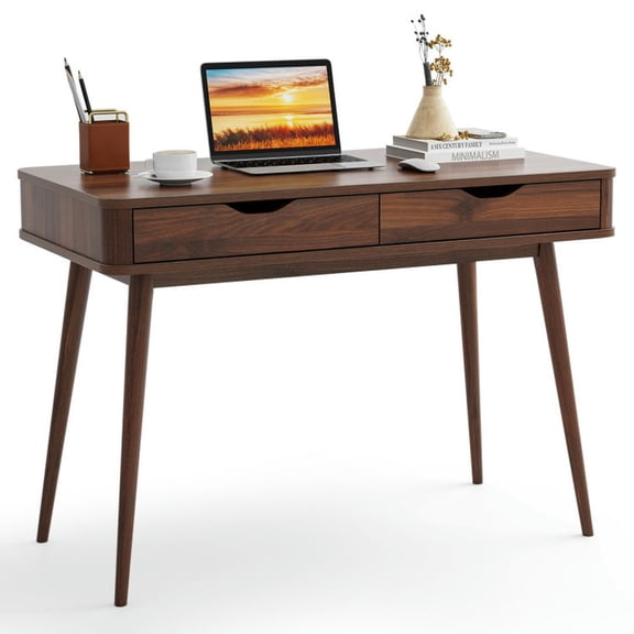 GVN Computer Desks,43.5 Inch Computer Desk with 2 Drawers for Small Spaces-Walnut
