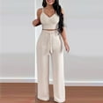 thumbnail image 3 of Summer Outfits for Women Dressy Casual Smocked Crop Tank Tops with Wide Leg Pants Suits Two Piece Solid Formal Sets (X-Large, Beige), 3 of 6