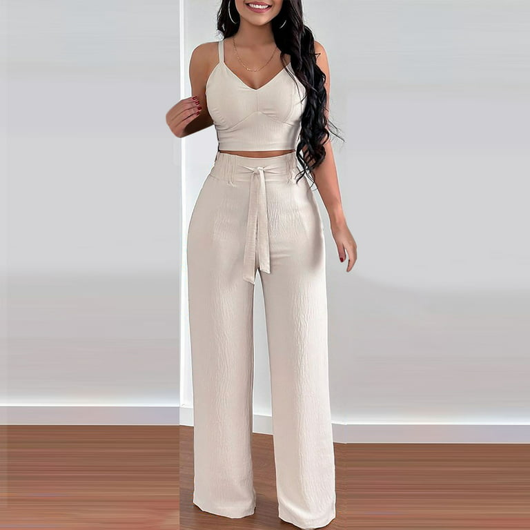 2 Piece Outfits Women Crop Top and Elastic Waist Wide Leg Pants Fashion  Sets Short Sleeve V-neck Summer Suits Two Piece Sets