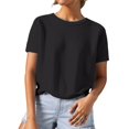 thumbnail image 1 of GPOECD T-Shirts Grande Taille pour Femmes Tricot Texturé Couleur Unie Col Rond Manches Courtes Style Décontracté en Fil pour un Port Quotidien Confortable Hauts Décontractés pour Femmes Noir,m, 1 of 4