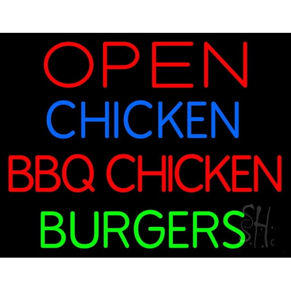Open Chicken BBQ Chicken Burgers LED Neon Sign 15 x 19 - inches, Clear Edge Cut Acrylic Backing, with Dimmer - Bright and Premium built indoor LED Neon Sign for restaurant window and interior decor.
