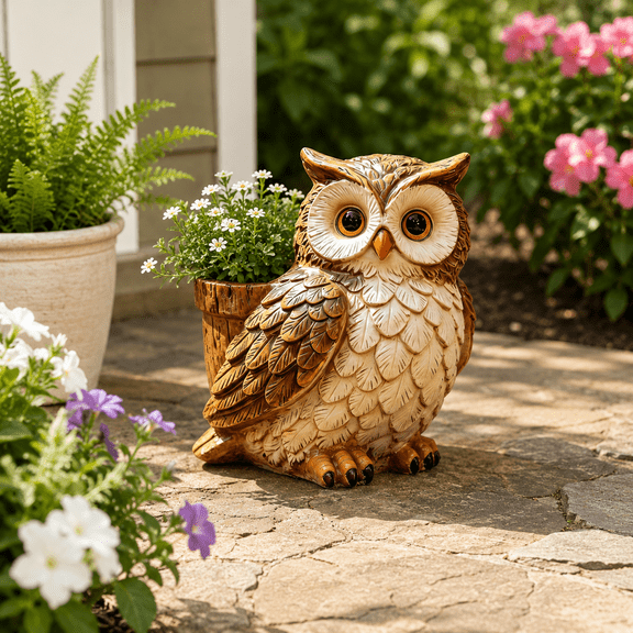 Owl Planter Resin Flowers Pot Animal Shaped Indoor Plants Container With Detailed Feather Design For Flowers Home Garden Decor brown
