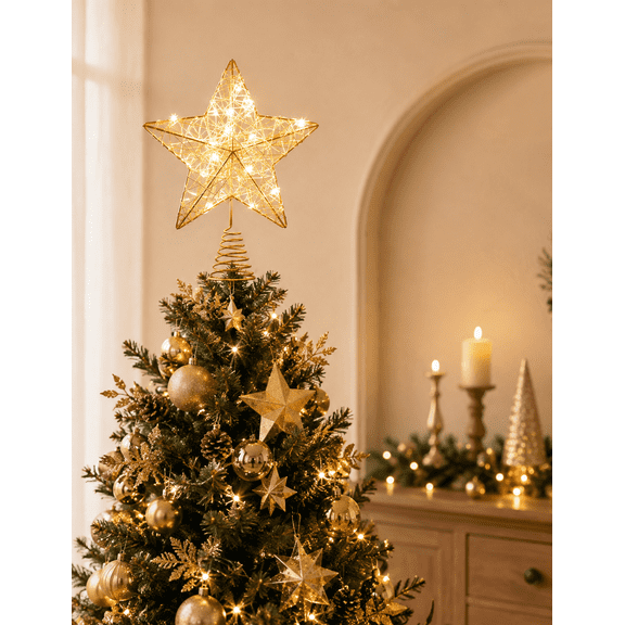 Christmas Star Tree Topper, Lighted Christmas Tree Topper, Hollow Gold Lighted Tree Star with 30 LED Lights