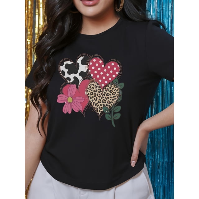 Camiseta de San Valentín para mujer, 100 % informal, de manga corta, con estampado geométrico de corazones y flores, ideal para todas las estaciones.