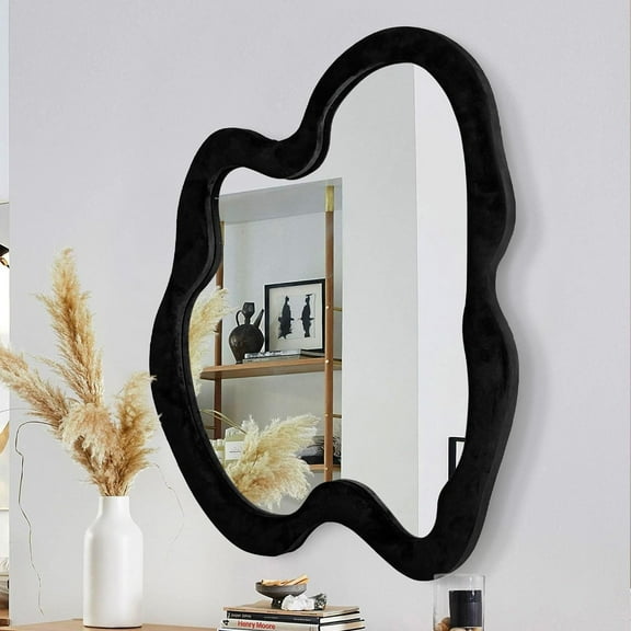 Irregular Wall Mirror Asymmetrical Mirror, Black Wavy Mirror with Flannel Frame, Decorative Wall Mirror for Bedroom, Livingroom, Entryway