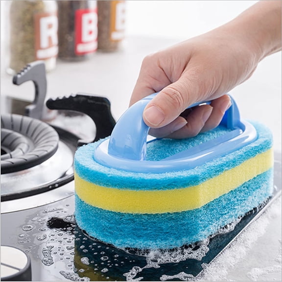 Flexible Bath Tub Scrubber with Handle, Multi-Surface Cleaning Sponge Brush for Bathtub, Tile, Sink, Shower, Floor & Dishes, Strong Scouring Power, Non-Smell Fiber Cotton Head (17x10.5x7cm, 96g)