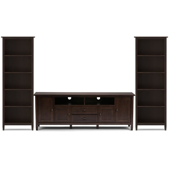 Simpli Home Warm Shaker Solid Wood Transitional 72 inch Wide TV Stand with Two 26 inch Wide Bookcases in Tobacco Brown (Set of 3)