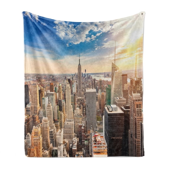 NYC Scene Soft Flannel Fleece Throw Blanket, City Empire State Building Busy Urban Metropolitan Setting Photo, Cozy Plush for Indoor and Outdoor Use, 50" x 60", Cobalt Blue Multicolor, by Ambesonne