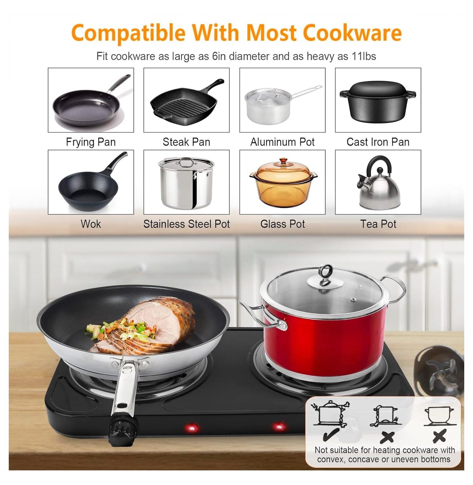 Hot Plate Electric Stove, 2000W Portable Dual Burner Cooktop - 5 Temp Control, Cast Iron, for Home, RV, Camping & All Cookware
