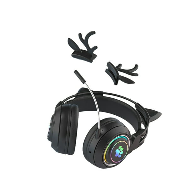 Cute Antlers Cat Ear Wireless Bluetooth Headphone Gamer Earphone Gaming Headset with RGB Light for Kid Black