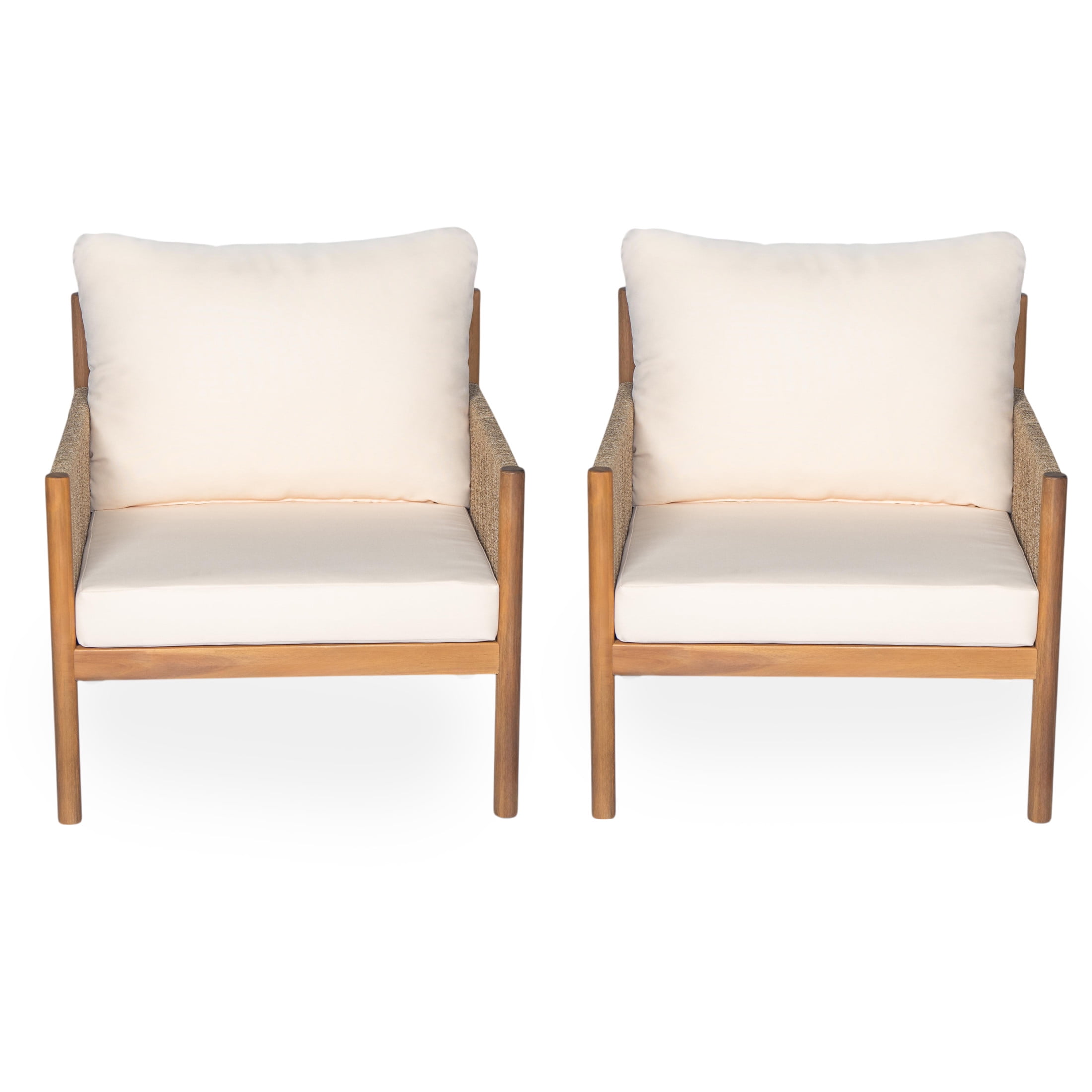 Christopher Knight Home Boho Outdoor Lounge Chair, Rope Accent, Solid Wood Frame, Beige Cushion, Set of 2