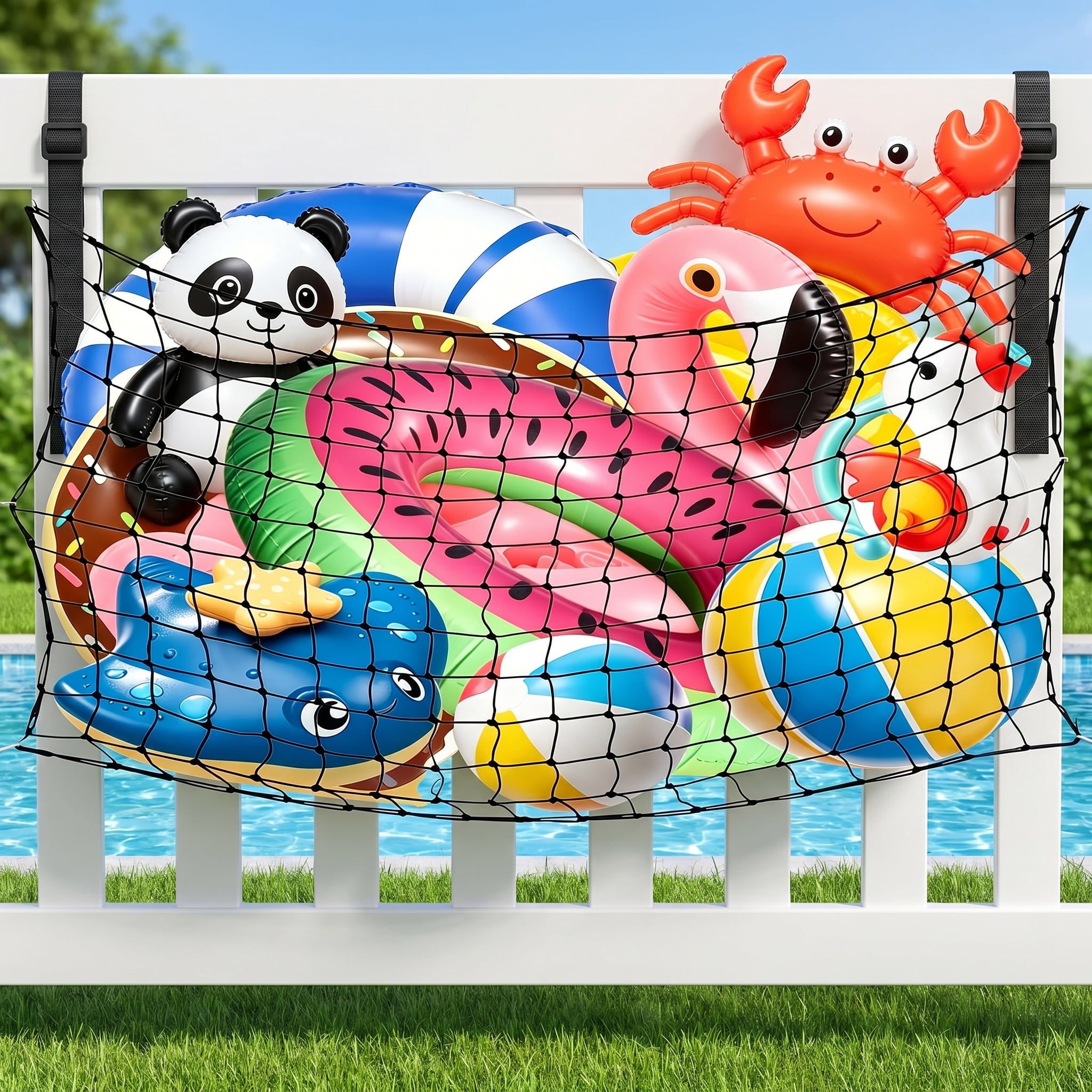 Pool Float Storage Net Set, 71" x 41" Extra Large Elastic Hanging Mesh Organizer with Hooks and Inflatable Valves for Pool Floats, Balls, Water Inflatable Rafts