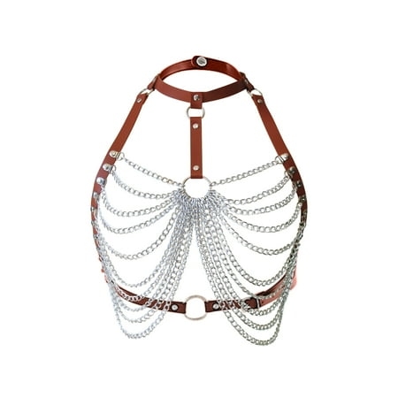 Yuhangmm Punk PU Leather Layer Chain Bra Chain Metal Body Chain Skirt Lingerie for Women
