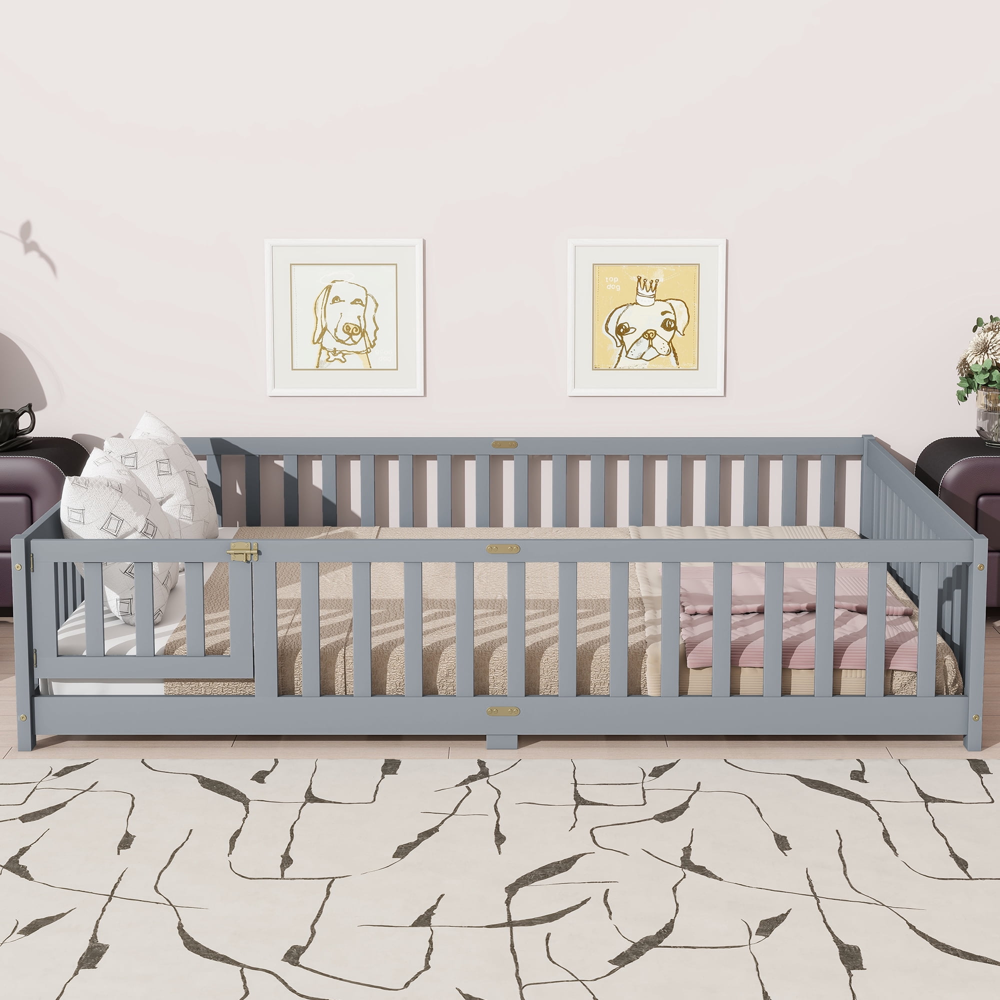 Sailvan Queen Floor Bed with Fence and Door, Solid Wood Kids Platform Bed Frame Grey