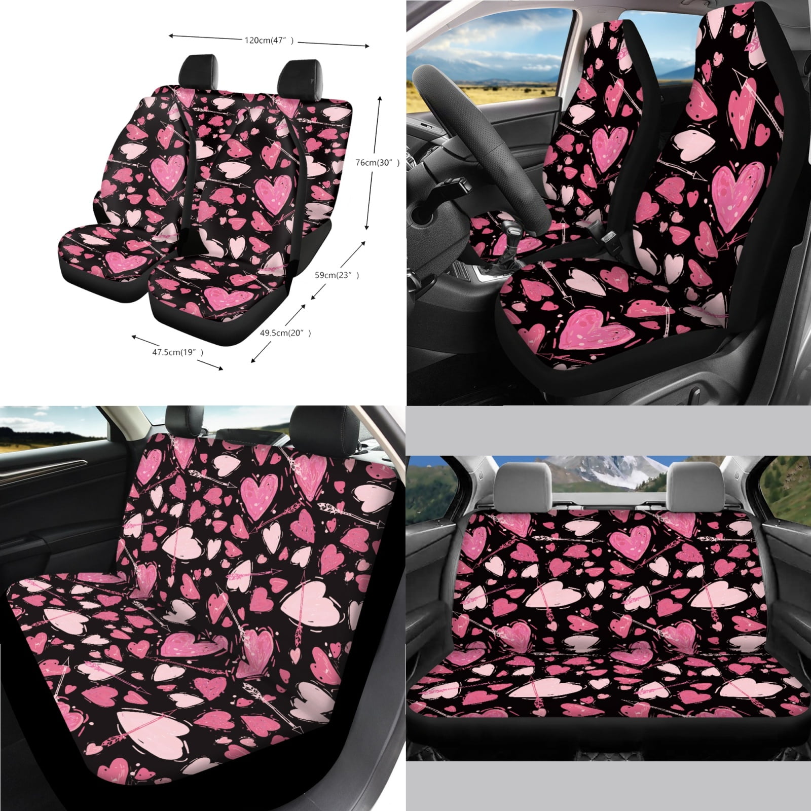 Jeiento Love Heart 14 PCS Car Seat Covers Set with Steering Wheel Cover Seat Belt Pads Garbage Bag Armrest Seat Box Cover Handbrake Cover Set Rear View Mirror Protector Coasters Auto Accessory