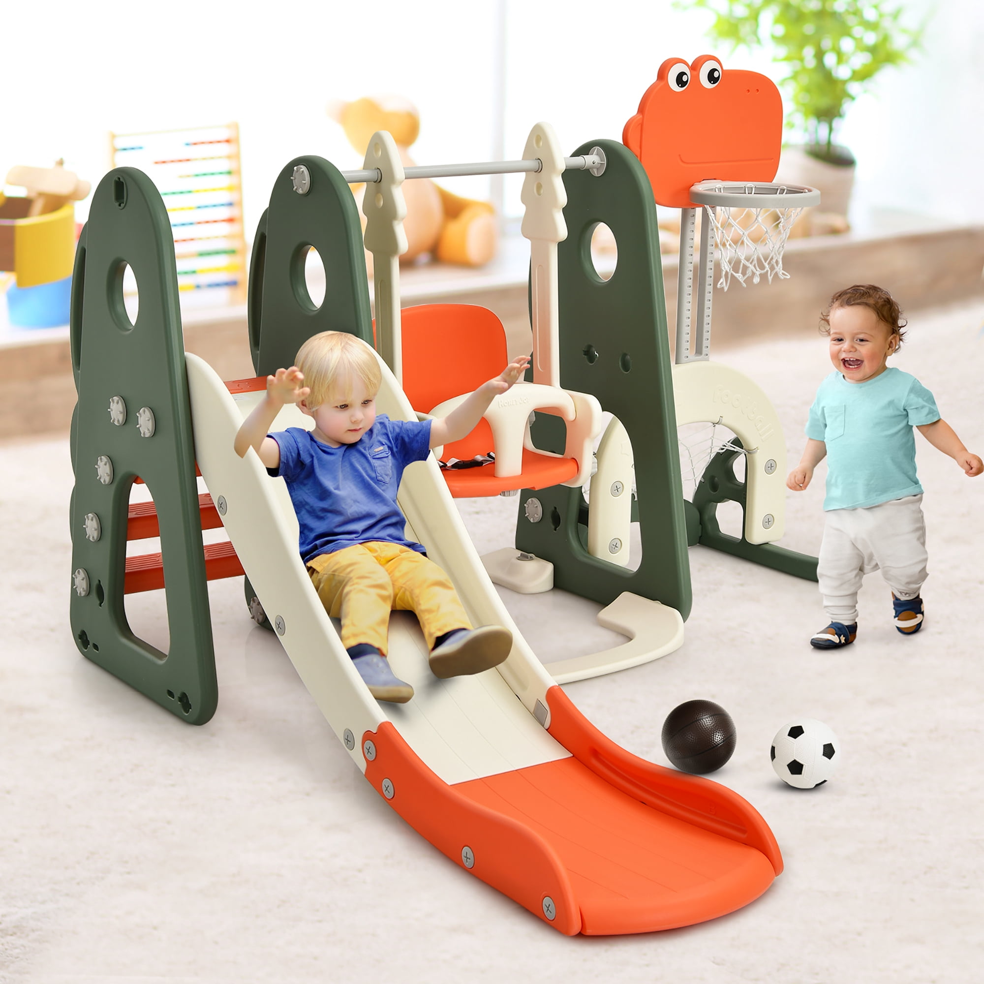Costway 6 in 1 Toddler Slide and Swing Set Climber Playset w/ Ball Games Orange