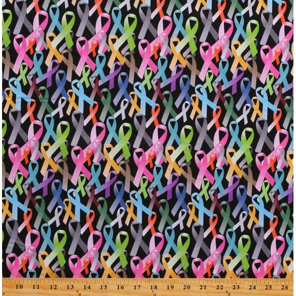 Cotton Cancer Awareness Ribbons All Cancers Colorful Bows on Black Cotton Fabric Print by the Yard (112787)