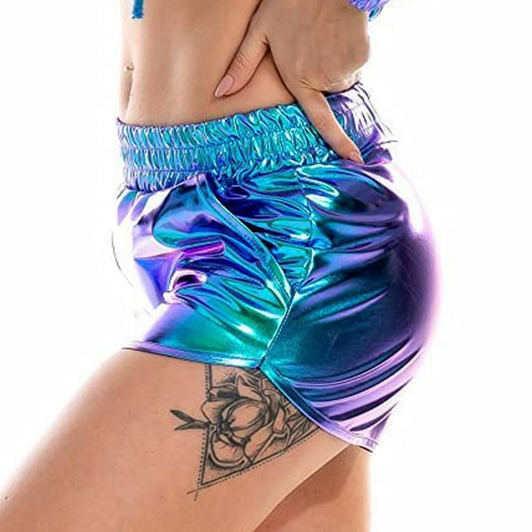 MRULIC Drawstring Sparkly Elastic Outfit Yoga Shorts Shiny Waist Booty  Dance Pants Women's Rave Pants Blue + M 